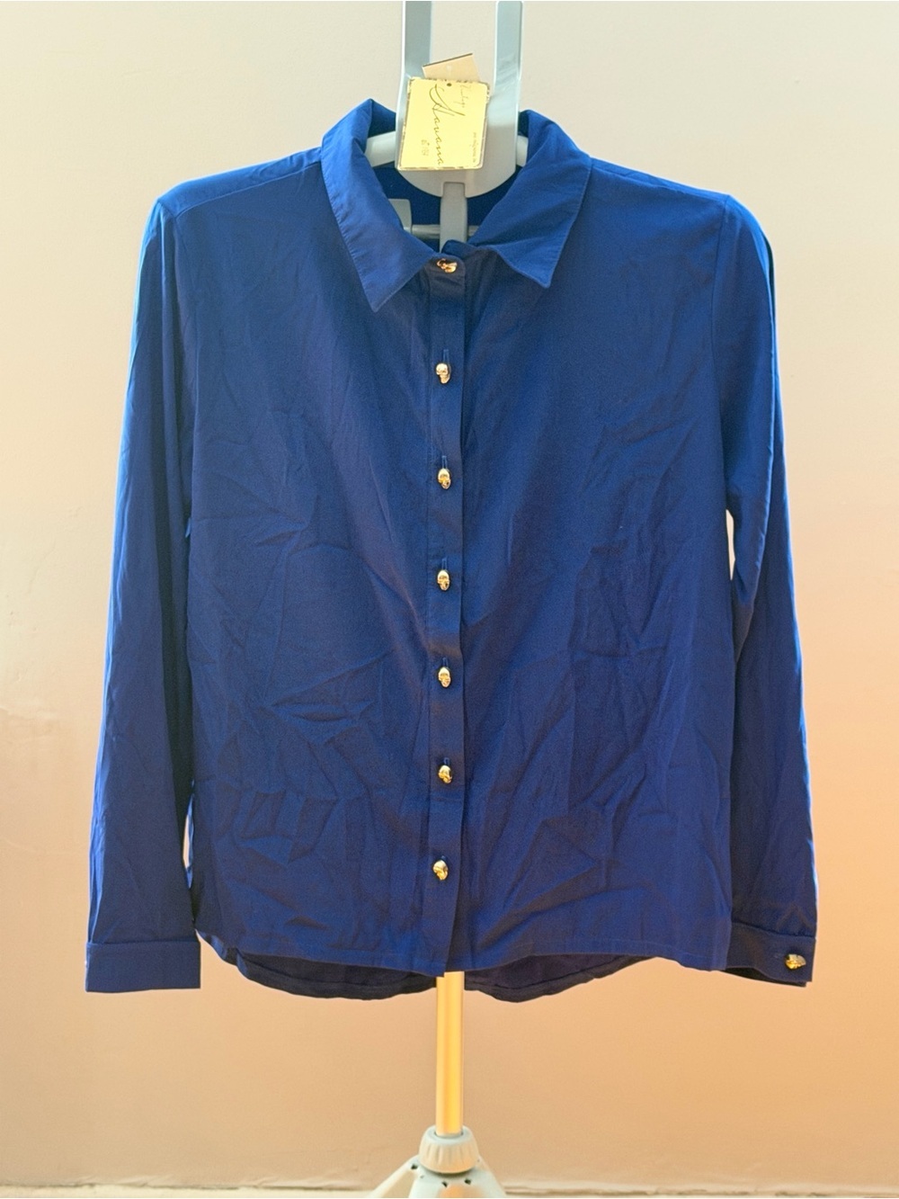 Vintage Havana Royal Blue Button-Up Blouse Gold Skull Buttons Medium NWT - Picture 3 of 12